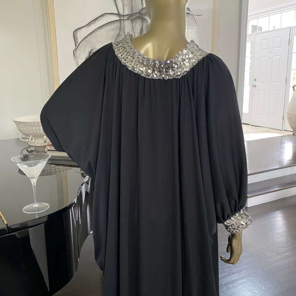 Vintage GLAM 70s Caftan Sequin Trimmed Maxi Dress 1970s Lounge Wear S-M-L - Picture 9 of 11